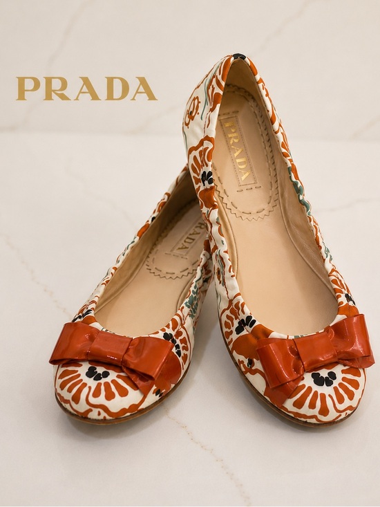 Prada Shoes - Prada Floral Print Ballet Flats with Patent Leather Bow | Made in Italy